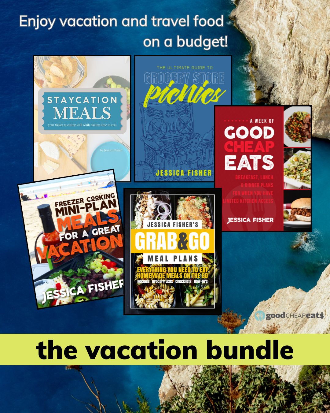 collage of what's included in the good cheap eats vacation bundle.