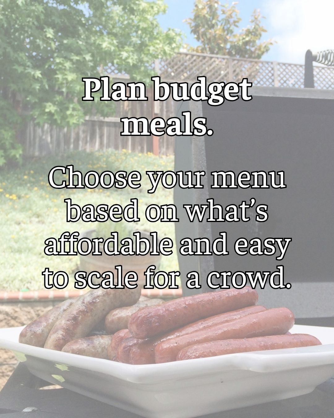 hot dogs and brats on a platter next to an open bbq with trees and flowers in the background, with text overlay.