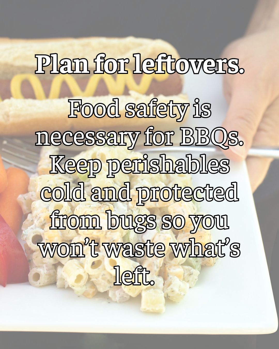 a plate of hot dogs and salads, with text overlay.