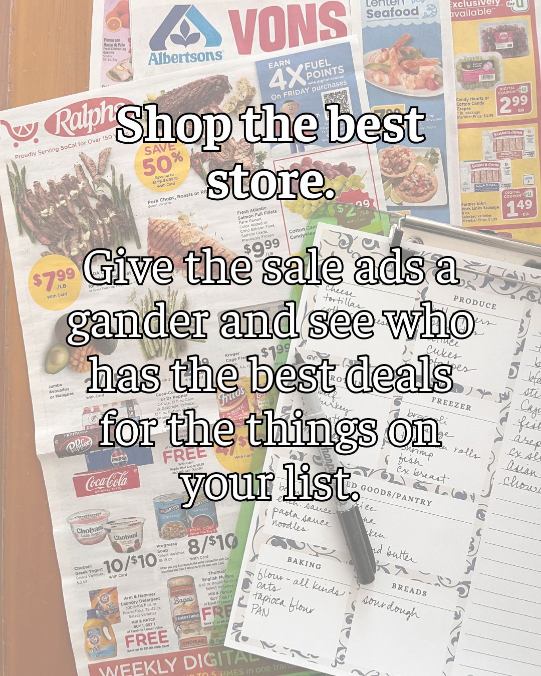 array of grocery ads with text overlay.