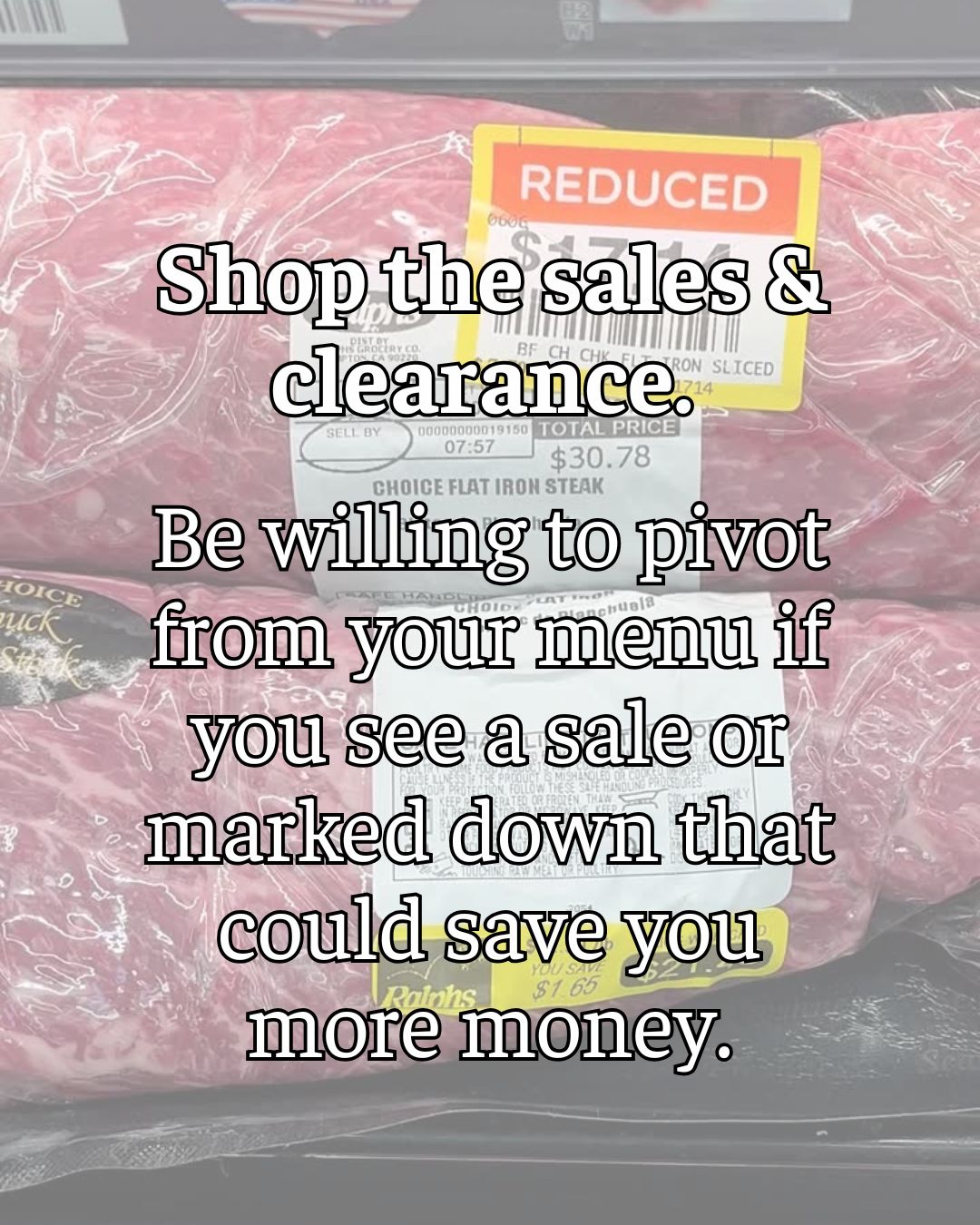 marked down meat, with text overlay.