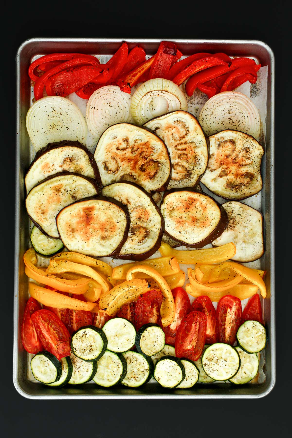 roasted escalivada on baking sheet.