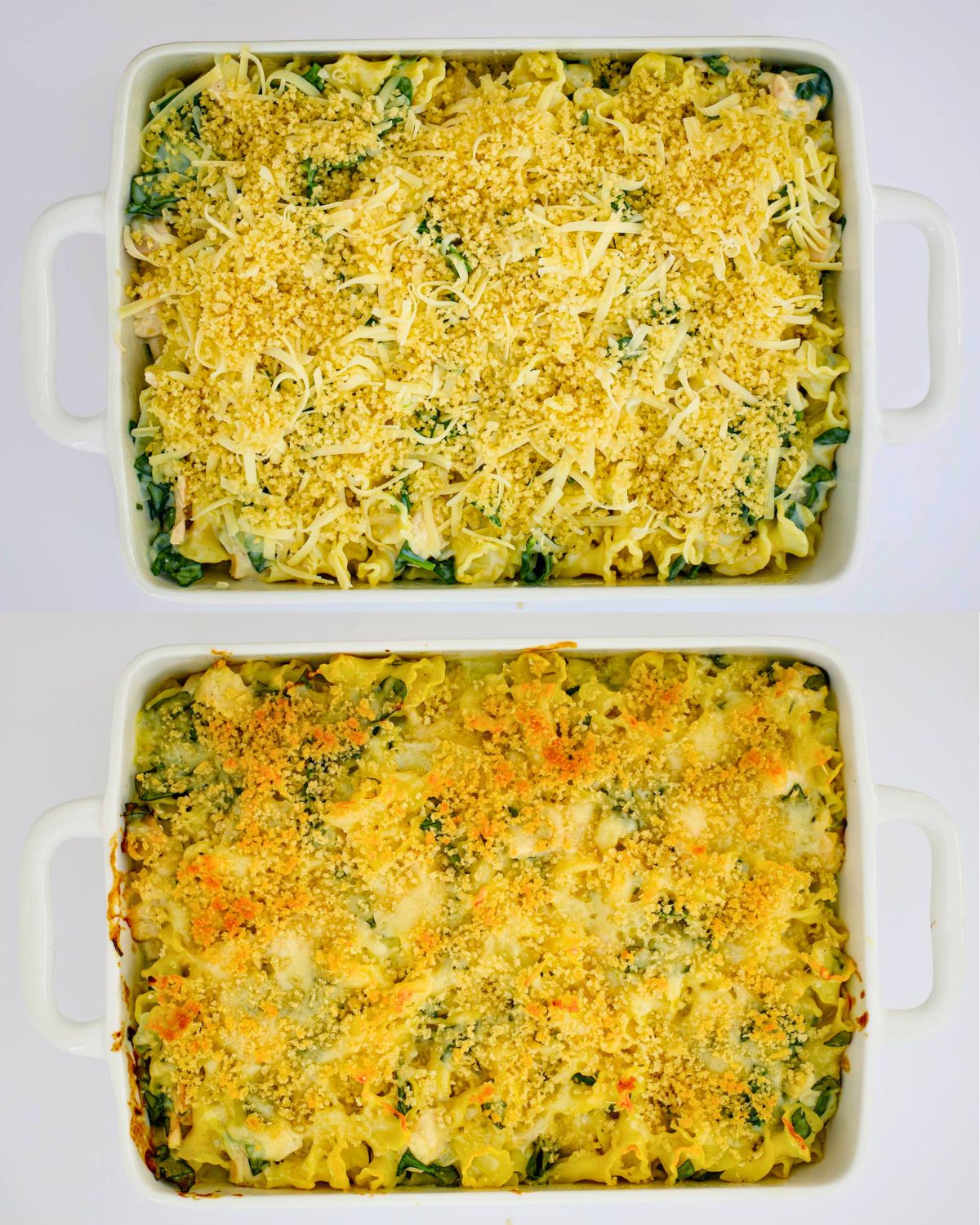 two casseroles on a white table, one to freeze, one baked to serve.