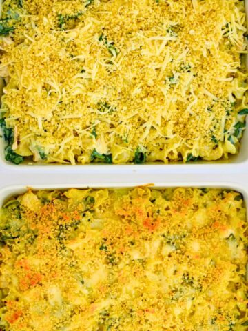 two casseroles, one to eat and one to freeze, on white table.