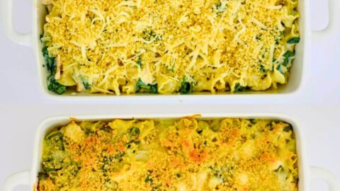 two casseroles, one to eat and one to freeze, on white table.