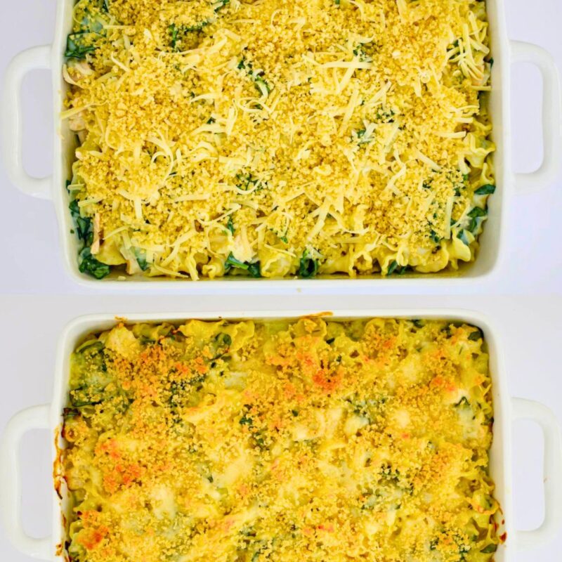 two casseroles, one to eat and one to freeze, on white table.