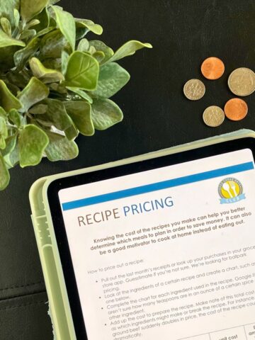 close up of recipe pricing worksheet near plant and coins.