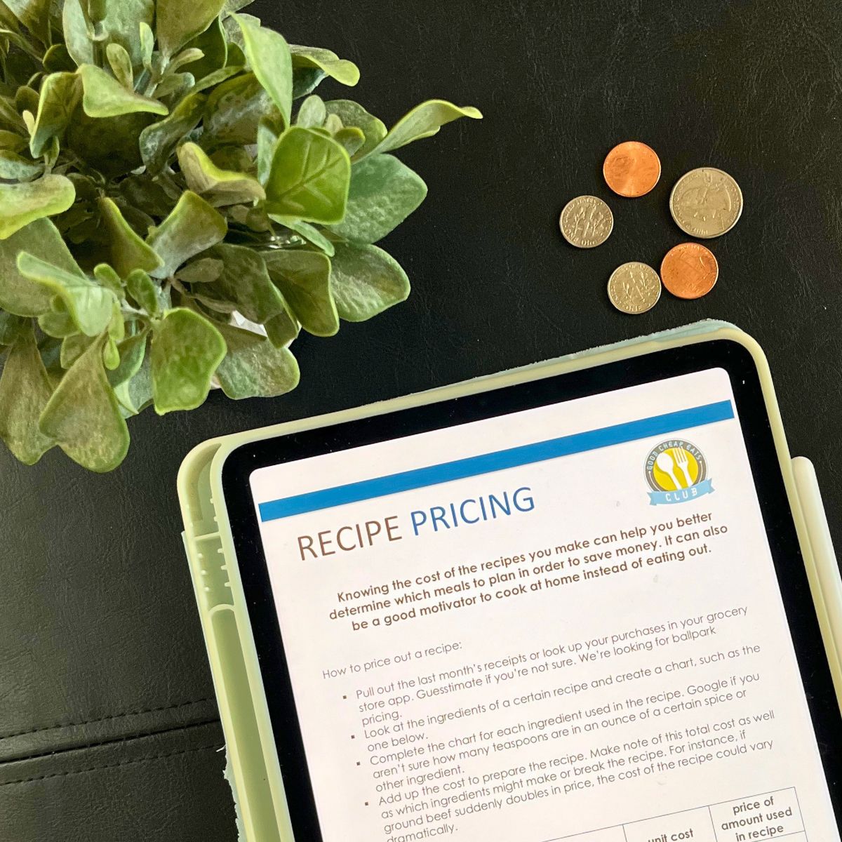 close up of recipe pricing worksheet near plant and coins.