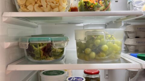 clear containers of food on shelves of refrigerator.