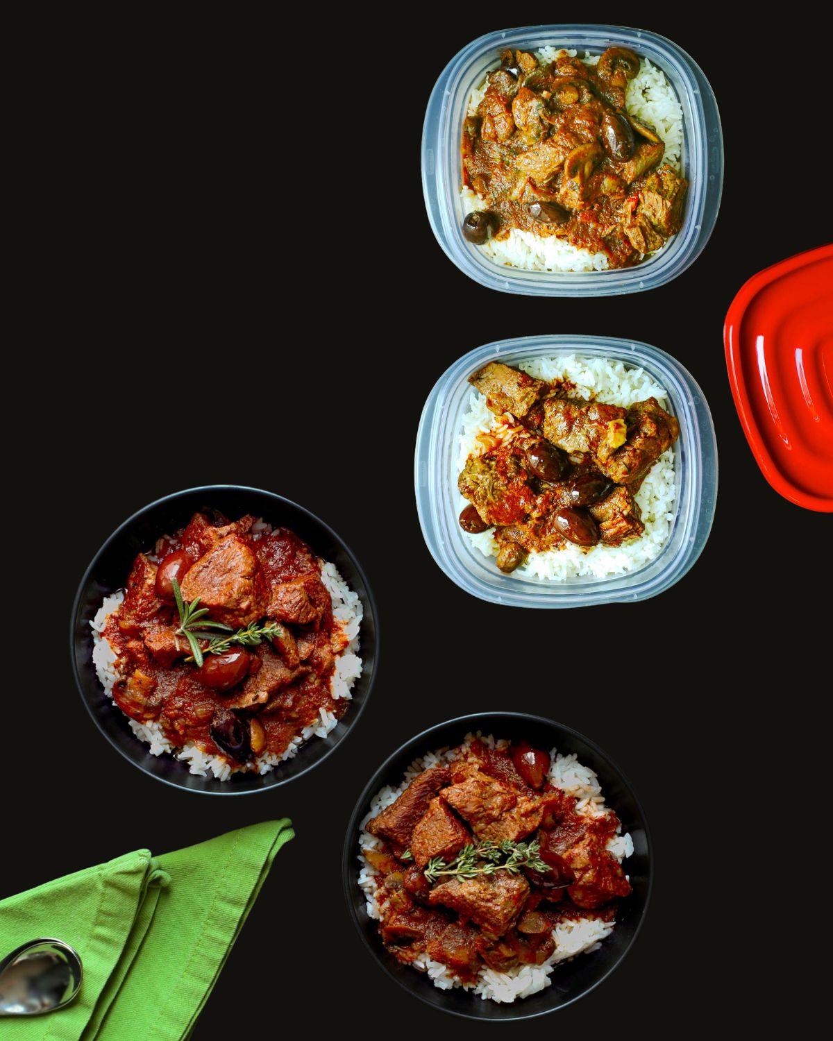 two bowls of beef stew to serve and two packed to freeze.