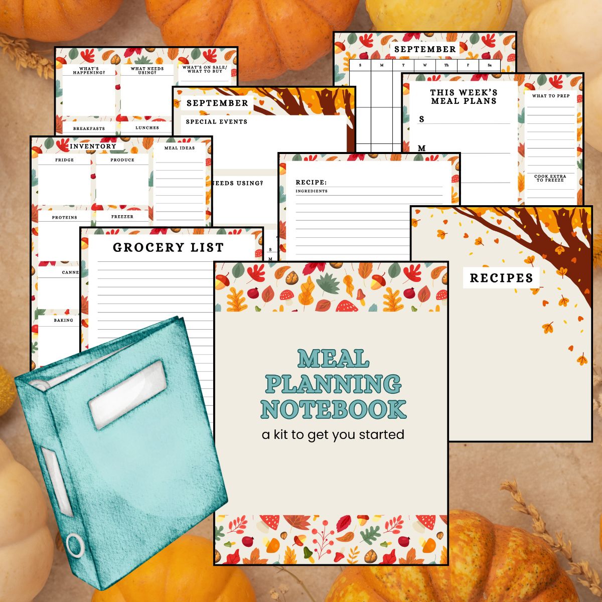 collage of meal planning notebook pages for fall.